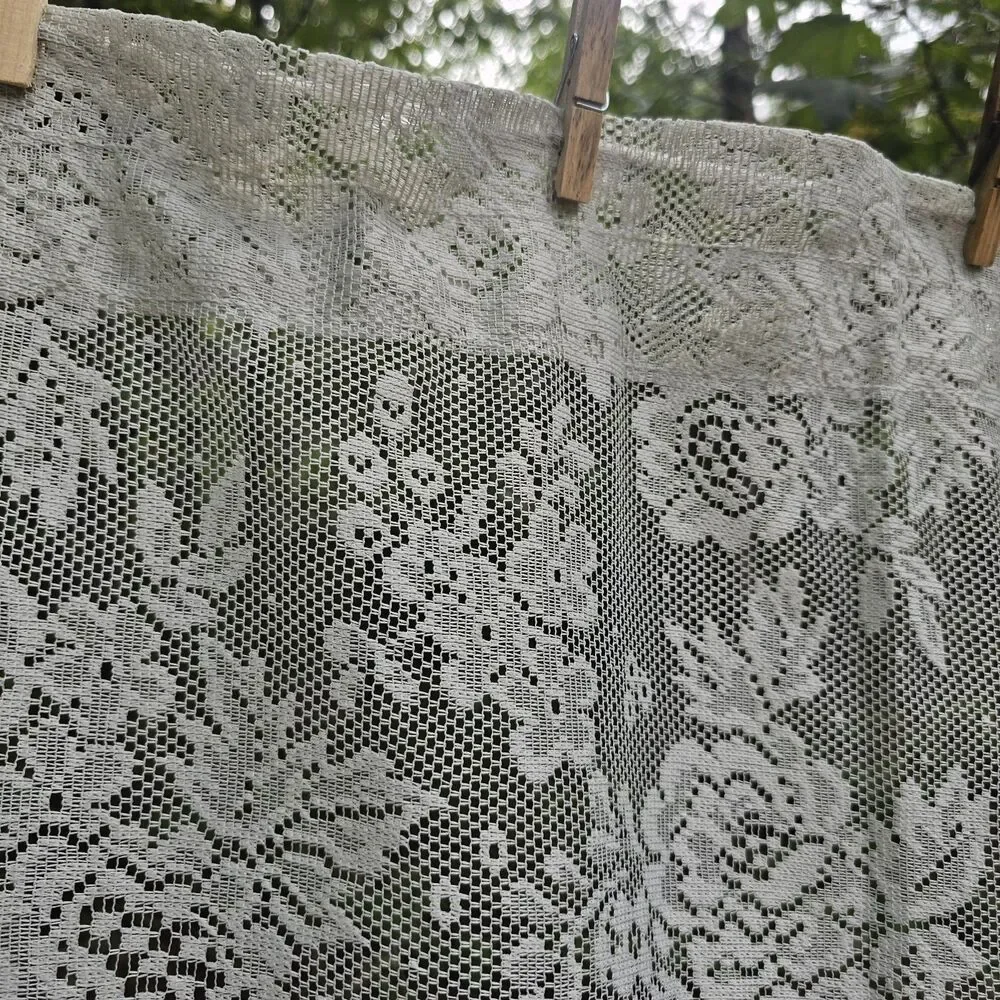 Vintage Light Gray Floral Lace Swag Curtains with Rose Pattern & Ruffle Trim